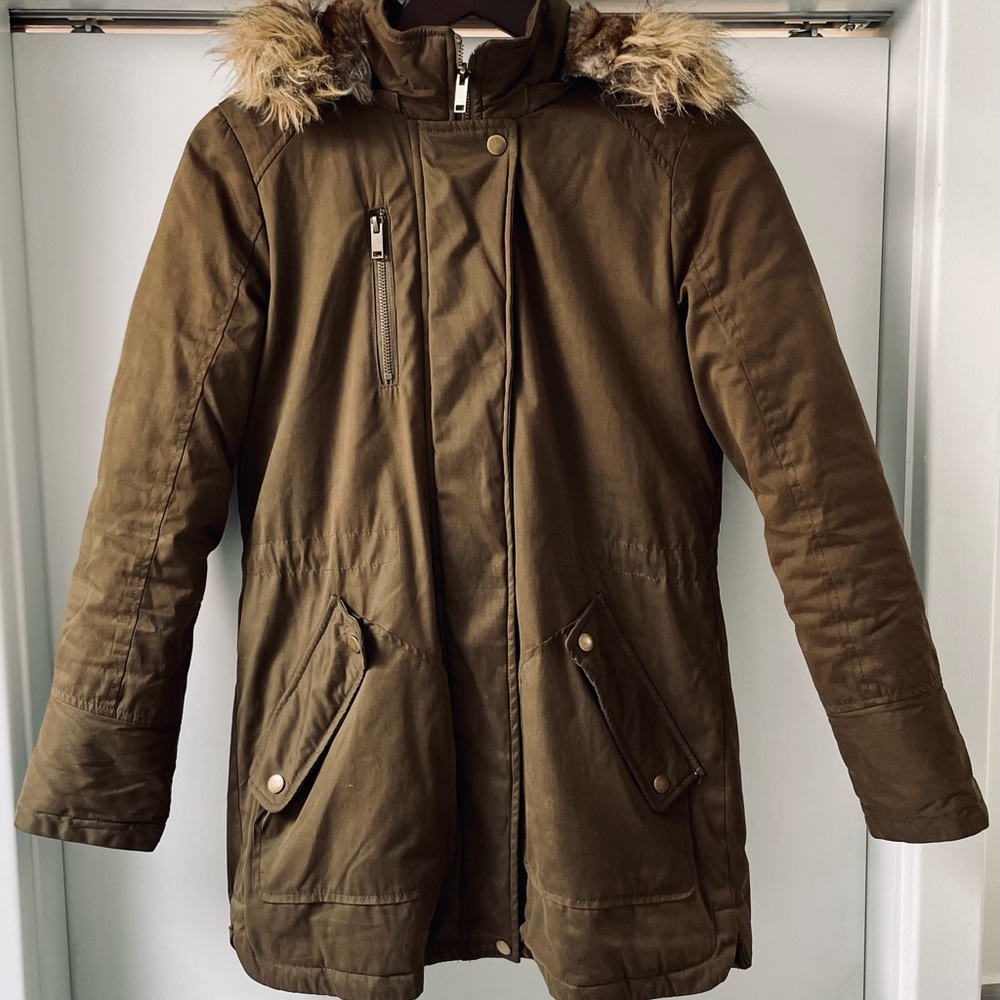 BARNEYS NEW YORK Women's Army Green Jacket With Faux Fur Lining & Hood, XS